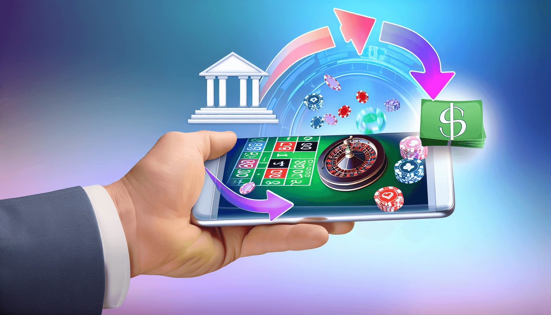 Een mobiele telefoon met casinospellen en een bankoverschrijving icoon